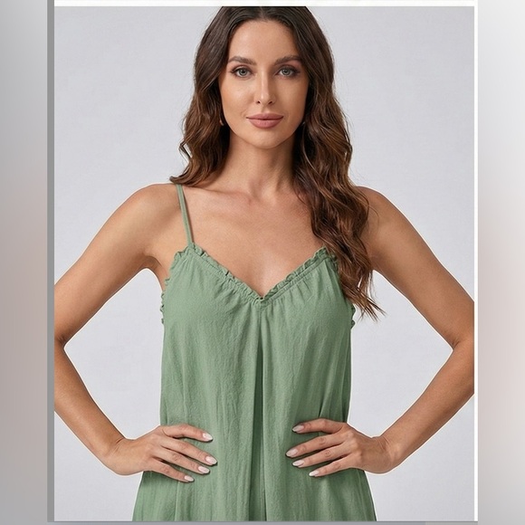 Boho Ruffle Trim Loose Fitting Wide Leg Jumpsuit Green - Picture 2 of 6